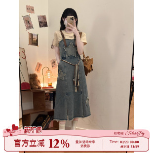 吊带长裙 水洗浅蓝牛仔背带连衣裙夏女小个子长款 织物猪 复古凯丽
