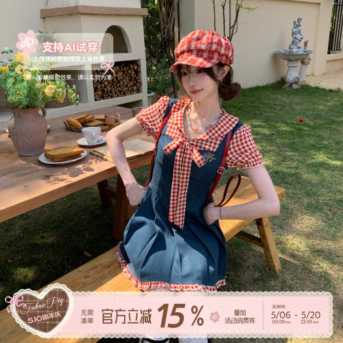 甜美风红色格子连衣裙女减龄短裙