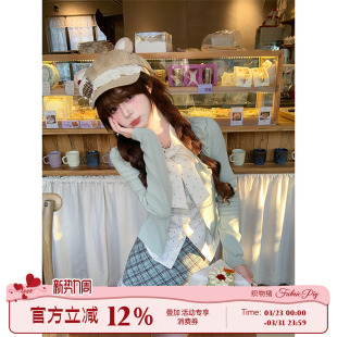 上衣短裙套装 织物猪 女春撞色长袖 浅春系假两件波点衬衫 抹茶白巧