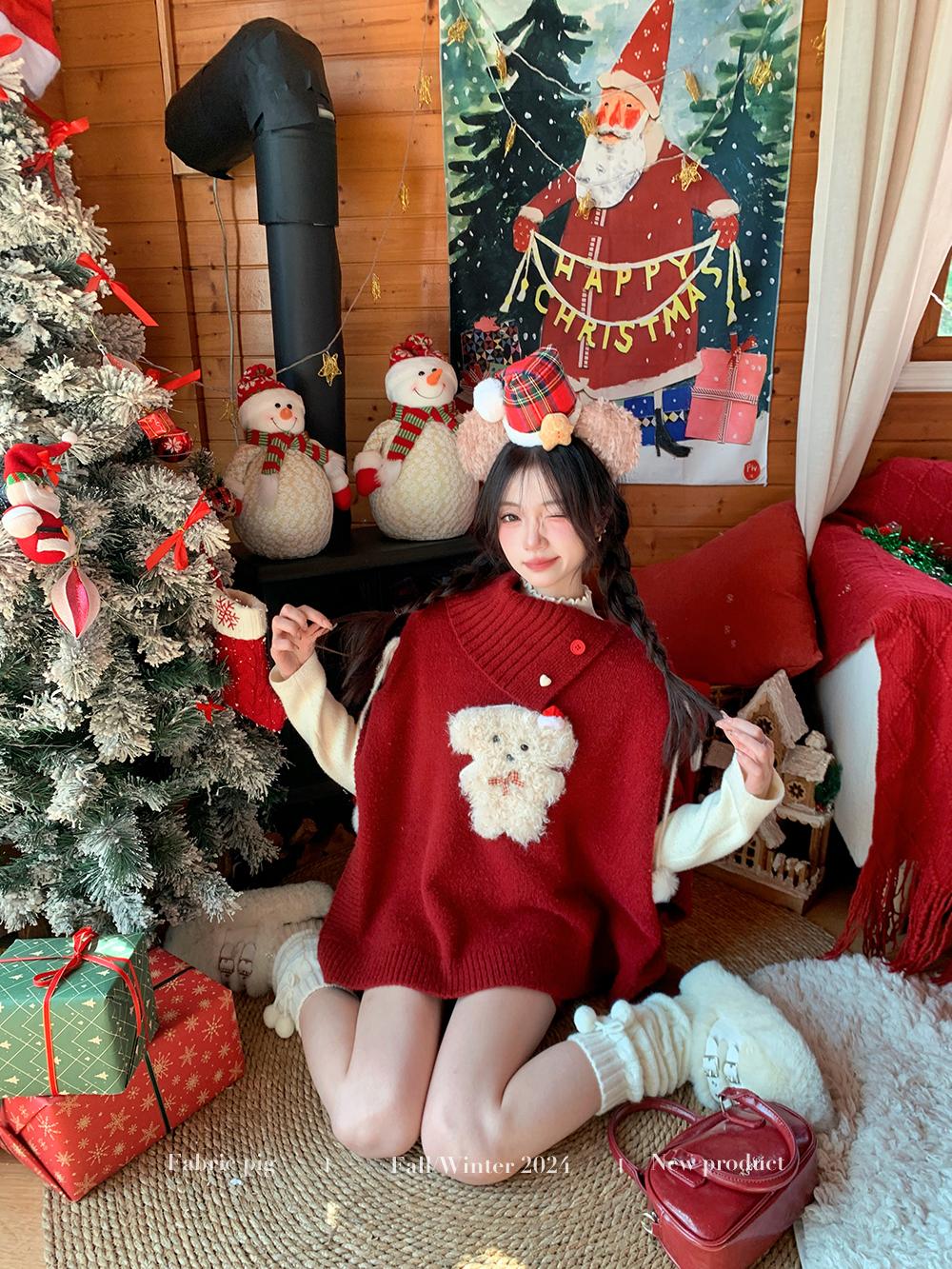 Sweet Style Red Sweater Women's Autumn and Winter New Year Christmas Outfit Knit Top