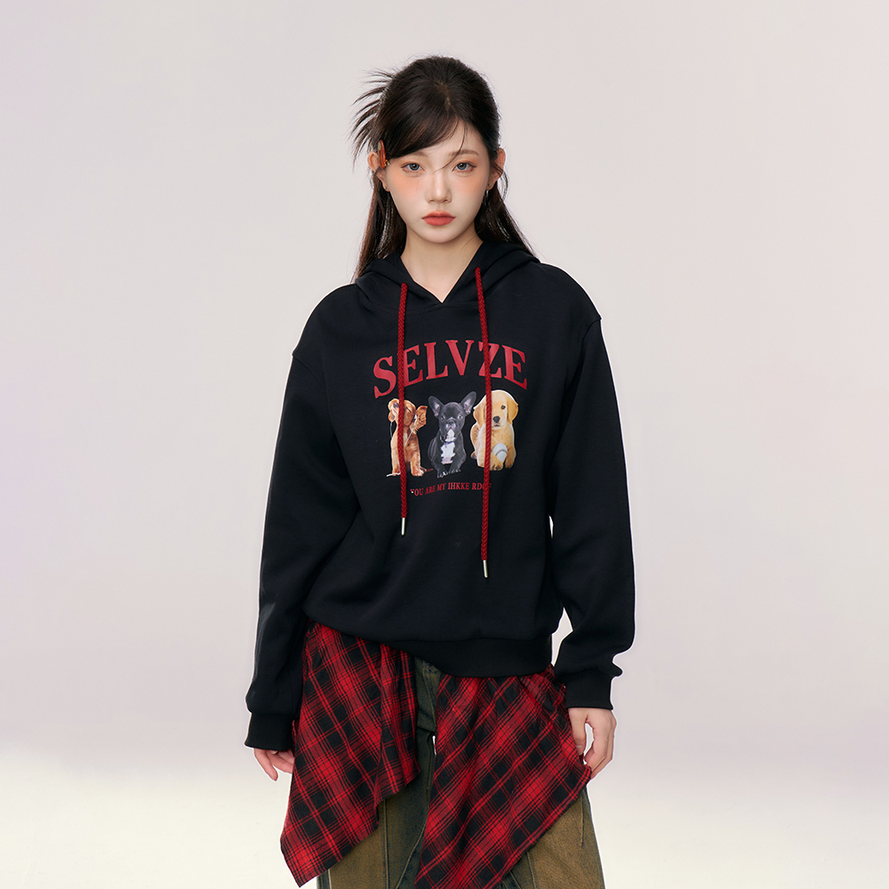 织物猪 失约马德里 甜酷风黑色连帽卫衣套装女秋冬屁帘牛仔长裤子