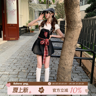 织物猪 反叛甜心 甜酷风牛仔背带裙女小个子黑色减龄花苞连衣短裙