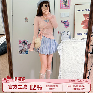 女早春格子短裙两件套 甜美风粉色假两件上衣套装 织物猪 粉蓝奶糖