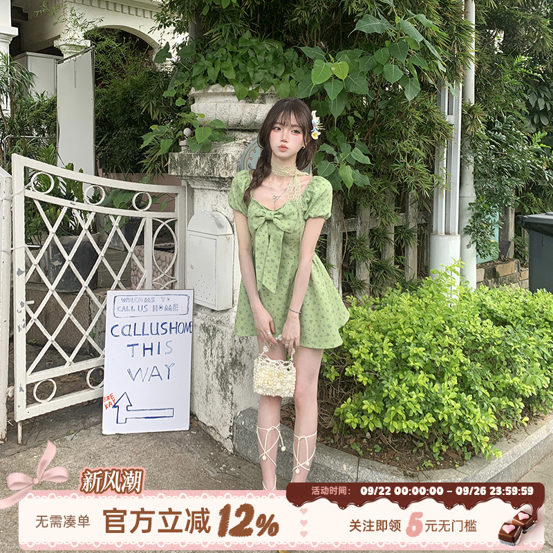 织物猪 莫奈花园 森林系绿色泡泡袖连衣裙女夏日度假浪漫碎花短裙