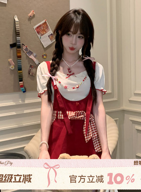 织物猪 红莓杏语 甜美少女风红色连体裤女夏可爱减龄背带裤短裤子