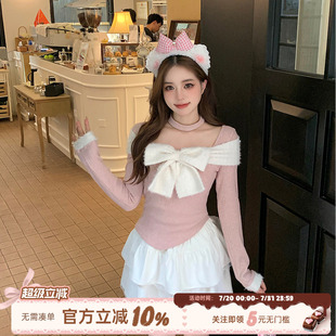 织物猪 蛋糕裙 欲奶甜茶 纯欲甜美蝴蝶结一字肩上衣女早春针织衫