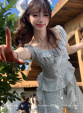 织物猪 蝴蝶絮语 小清新蓝色格纹半袖连衣裙女夏绝美度假拖尾裙
