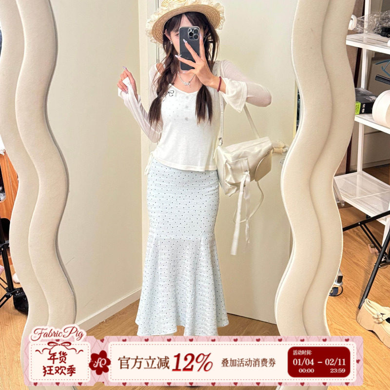 织物猪 莱茵河畔 薄荷曼波风波点吊带连衣裙女夏修身显瘦鱼尾长裙