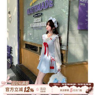 织物猪 甜美风假两件娃娃领连衣裙女秋可爱女仆花苞裙子 蓝樱糖霜