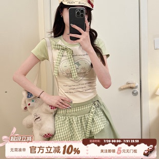 修身 织物猪 女夏季 爱熊物语 显瘦正肩上衣 甜酷风撞色爱心印花短袖