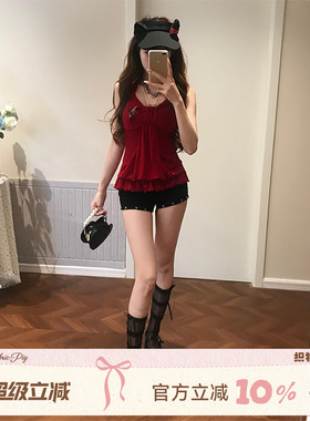 织物猪 酒野垂影 纯欲风红色挂脖T恤女夏修身辣妹荷叶边背心上衣