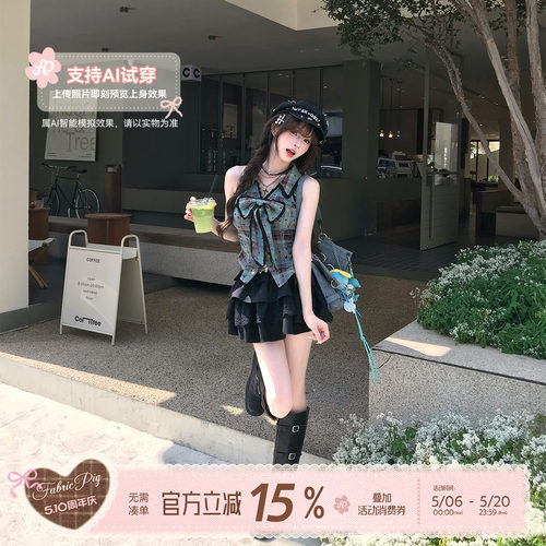美式复古甜酷风格纹无袖上衣女