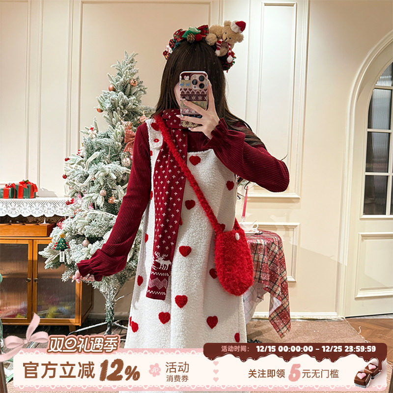 甜美风白色毛呢连衣裙女冬季