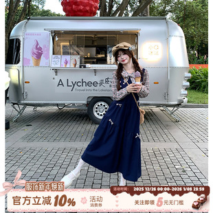 连衣裙女秋冬格纹假两件长裙子 日系风藏青色长袖 织物猪 风旅铃兰