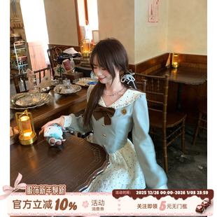 蝴蝶结减龄蛋糕短裙 甜美学院风波点连衣裙女秋季 织物猪 薄荷奶糖