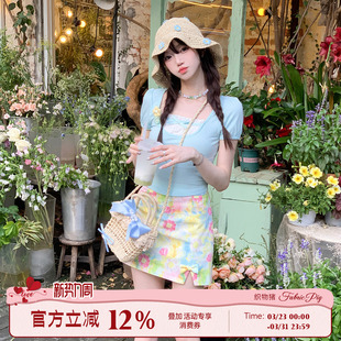 小个子高腰短裙 夏日氛围感a字花绘半身裙女夏季 织物猪 油画之境