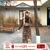 织物猪 短外套套装 栗子小熊 复古学院风假两件连帽卫衣女秋冬长袖