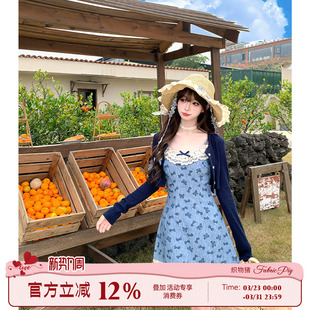 织物猪 甜美风拼接吊带连衣裙女早春蝴蝶结印花短裙子 雾蓝蝶梦