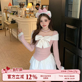 蛋糕短裙 甜欲风蝴蝶结一字肩上衣女秋冬针织衫 织物猪 欲奶甜茶