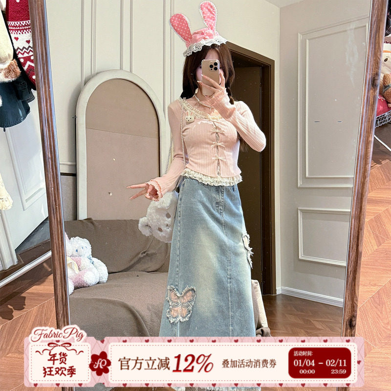 织物猪 贝蒂少女 水洗蝴蝶刺绣牛仔半身裙女设计感高腰a字长裙子