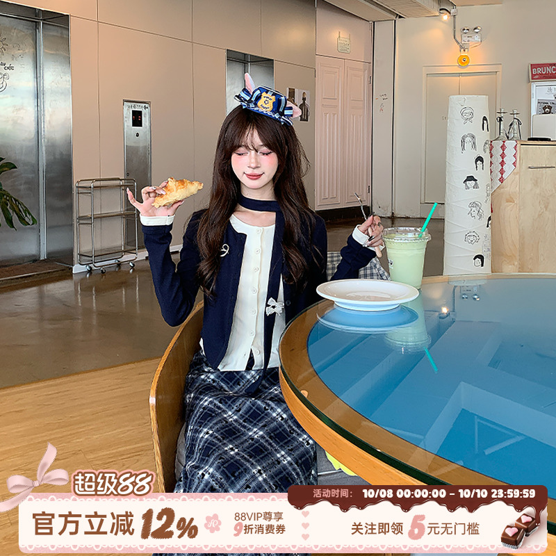织物猪 秋野私立 学院风假两件针织衬衫套装女秋冬毛呢格纹长裙子