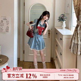 连衣裙女夏收腰蝴蝶结短裙子 甜美少女风牛仔衬衫 织物猪 甜莓假日