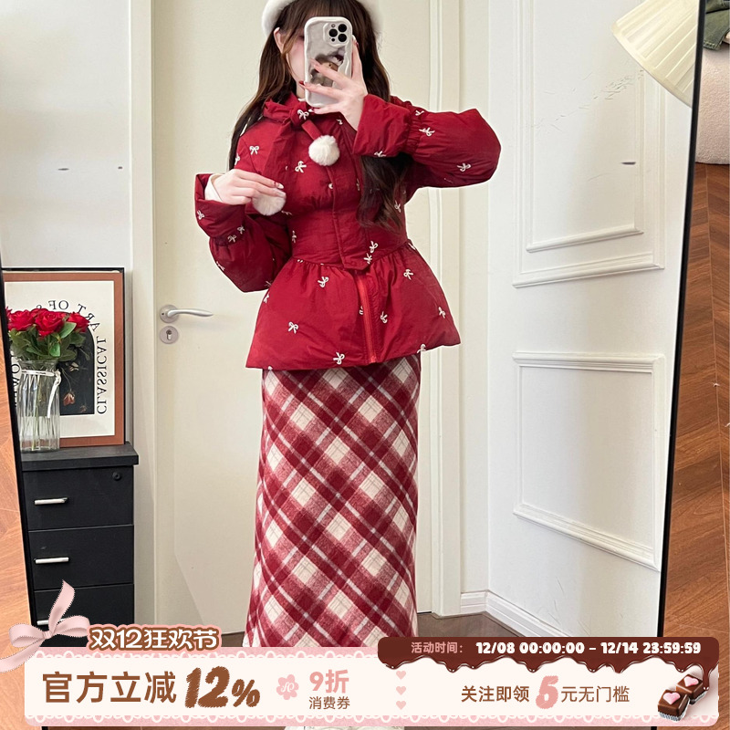 织物猪 春野红樱 新年穿搭氛围感红色棉服女冬季蝴蝶结夹棉外套