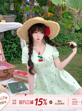 织物猪 薄荷青柠 甜美风绿色格子连衣裙女夏樱桃印花野餐度假短裙
