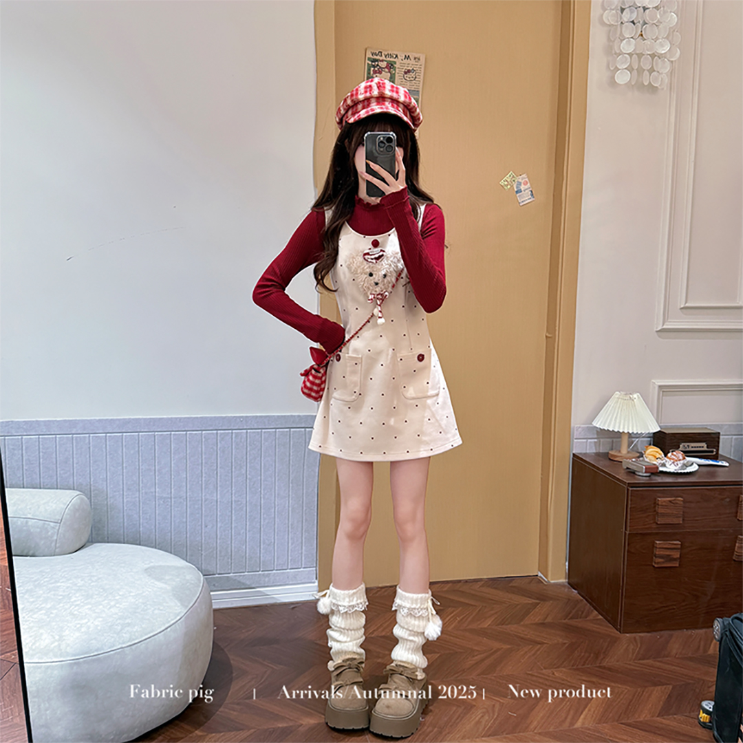 甜美风爱心波点背心连衣裙女