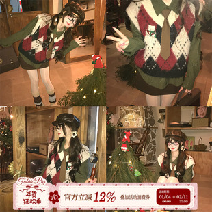 织物猪 松栗小熊  复古学院风菱格毛衣马甲女冬新年穿搭针织背心