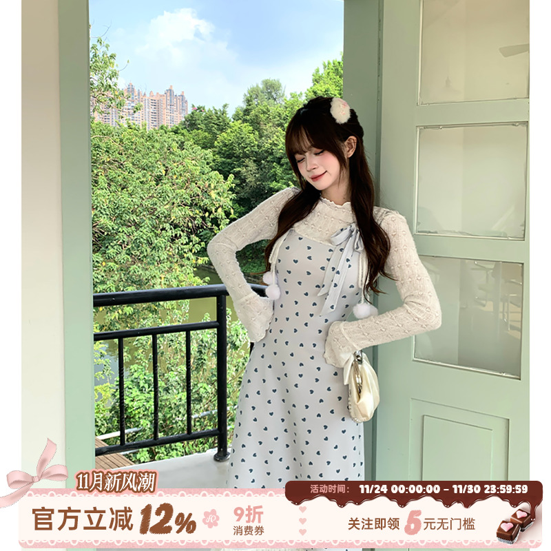 蓝色假两件长袖连衣裙女