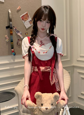 织物猪 红莓杏语 甜美少女风红色连体裤女夏可爱减龄背带裤短裤子