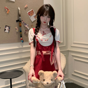 织物猪织物猪 红莓杏语 甜美少女风红色连体裤女夏可爱减龄背带裤短裤子