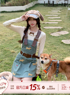 织物猪 布丁小狗 少女减龄牛仔背带连衣裙女早秋小个子蓝色短裙