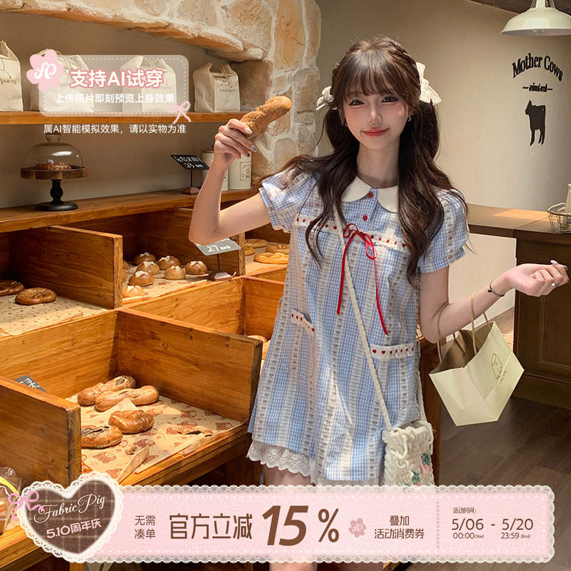 织物猪 蓝蝶语序 甜美日杂风娃娃领可爱连衣裙女小个子减龄短裙子