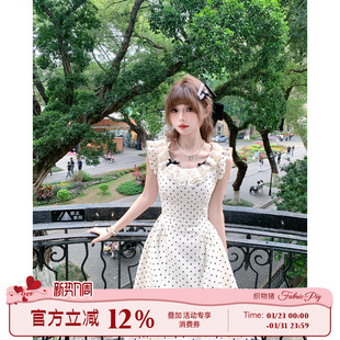 千金风miu系波点连衣裙女夏飞飞袖 法式 收腰长裙 白栀奶昔 织物猪