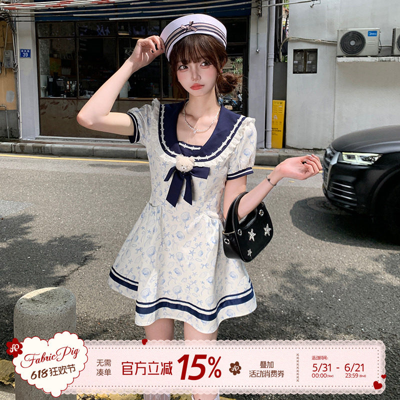 织物猪 盐系少女 学院风海军领短袖连衣裙女夏季小个子印花短裙子