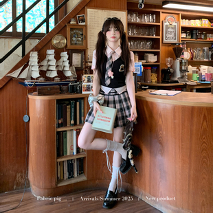 织物猪 jk制服套装 假两件上衣女夏季 格子百褶短裙两件套 粉墨学院