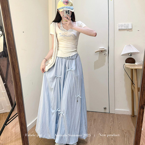甜美风蓝色a字半身裙女