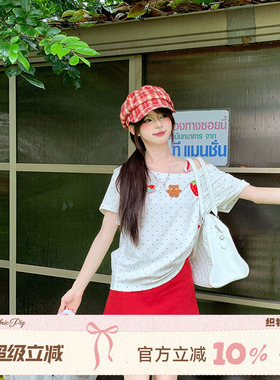 织物猪 小熊草莓 甜美风波点露肩短袖T恤上衣女红色吊带裙两件套