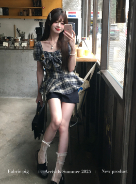 织物猪 夏末回忆 学院风格纹烫钻方领上衣女夏季蓝色短袖衬衫套装