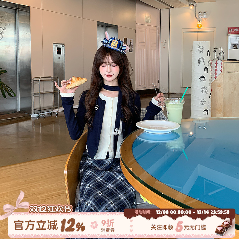 织物猪 秋野私立 学院风假两件针织衬衫套装女秋冬毛呢格纹长裙子