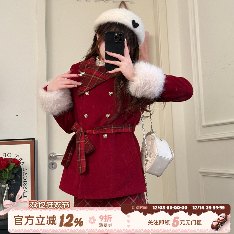 织物猪 冬日惊喜 红色拼接格纹外套女冬季新年穿搭不规则西装上衣