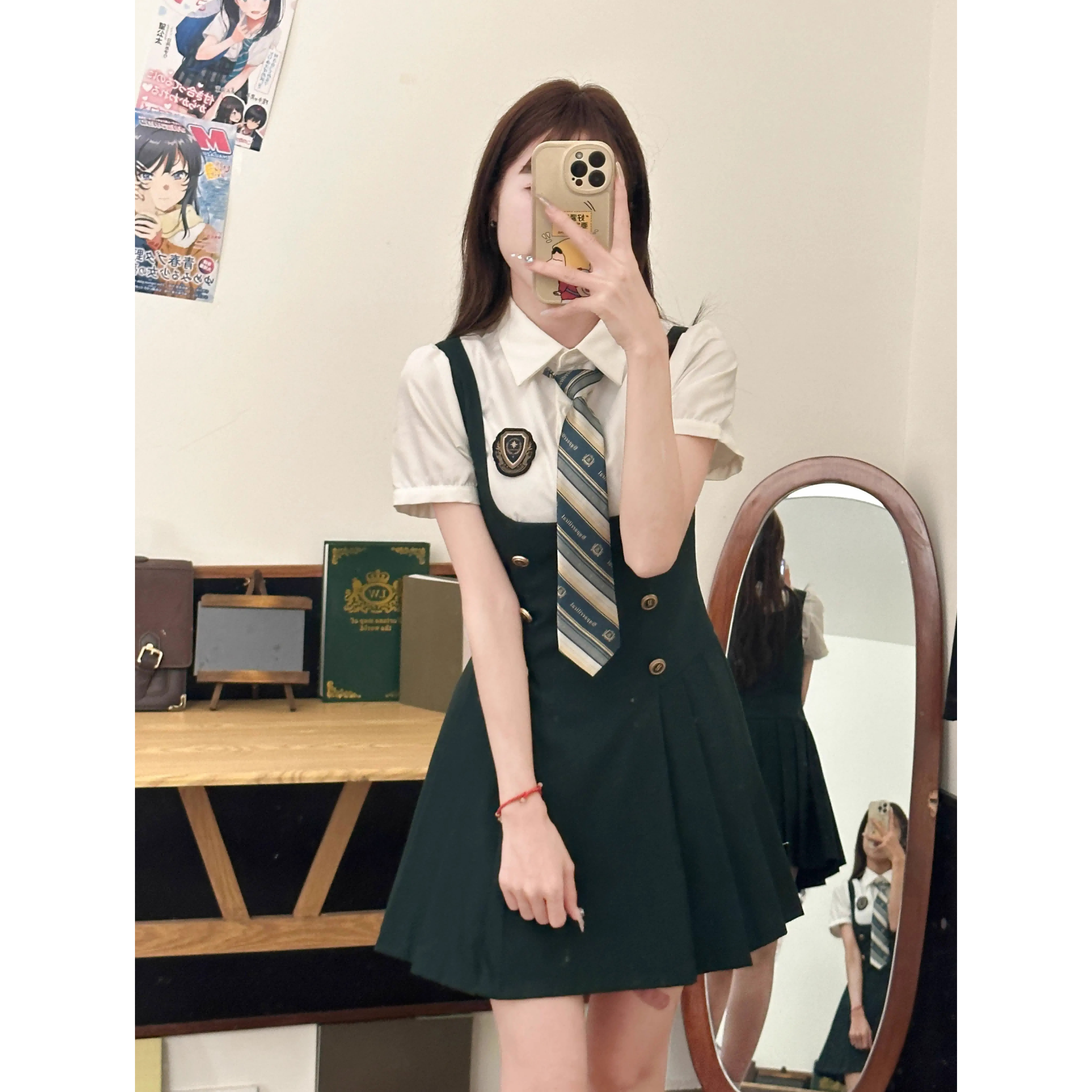江原女高 织物猪原创jk制服学院风夏季显白收腰衬衫墨绿色连衣裙