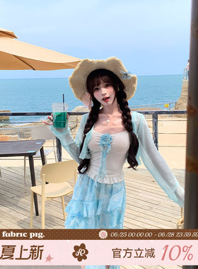 织物猪 海盐晚风 蓝色不规则荷叶边半身裙女夏海岛度假吊带三件套