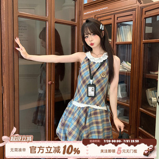 連衣裙女夏季 織物豬 高校法則 學(xué)院風(fēng)復(fù)古格紋無袖 背心花苞短裙子