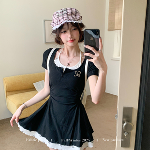 织物猪 黑白撞色收腰短裙 夏日序约 甜美少女感假两件连衣裙女夏季