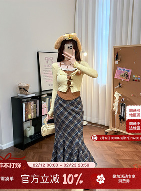 织物猪 焦糖栗子 复古千金风格纹包臀半身裙女秋装高腰鱼尾长裙子