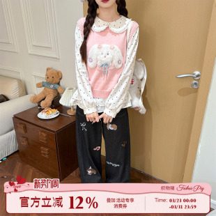 女秋冬宽松长裤 休闲甜美风直筒彩色印花牛仔裤 子 甜心奶芙 织物猪