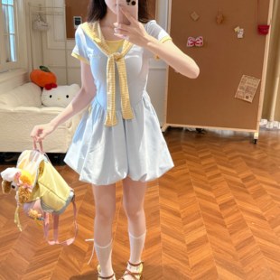 织物猪 海盐柠檬 法式水蓝色花苞短袖连衣裙女夏披肩a字裙短裙